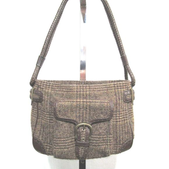 Eddie Bauer Medium Size Brown Plaid Tweed & Leather Shoulder Handbag - Picture 2 of 10